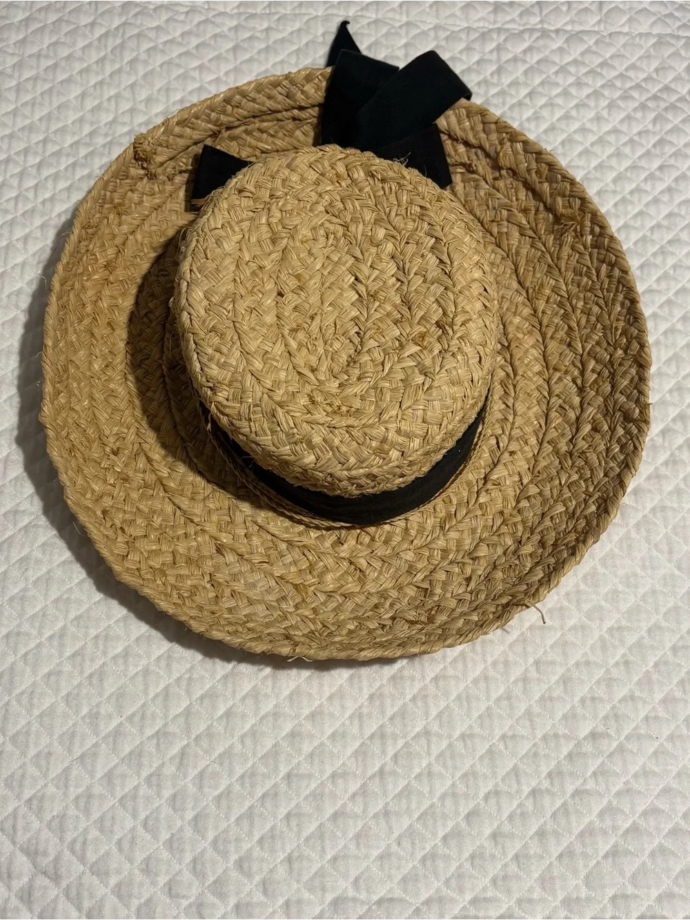 Scala Natural Straw Boater Hat with Black Ribbon Made in Italy.